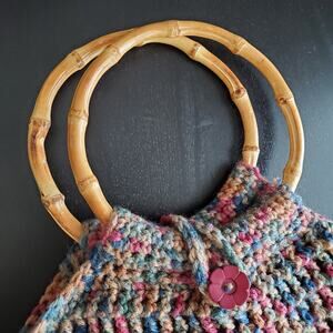 Vintage Handmade Crochet Knit Double Bamboo Handle Tote Festival Shopping Travel